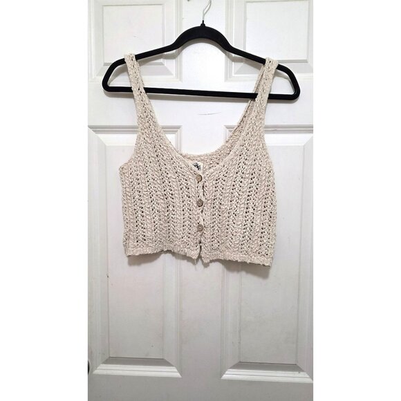 Free People We The Free Beige Crochet Button-Front Tank Top S Recycled Cotton Bl - Picture 2 of 6